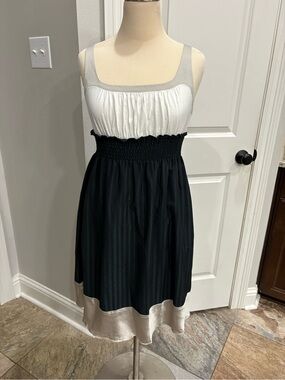 matty m black pinstripe tank dress with taupe silk trim in size small
GUC